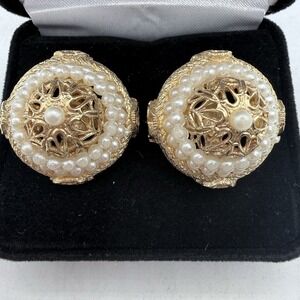 Vintage CORO clip-on earrings goldtone Filigree Dome-shaped seed pearls Signed